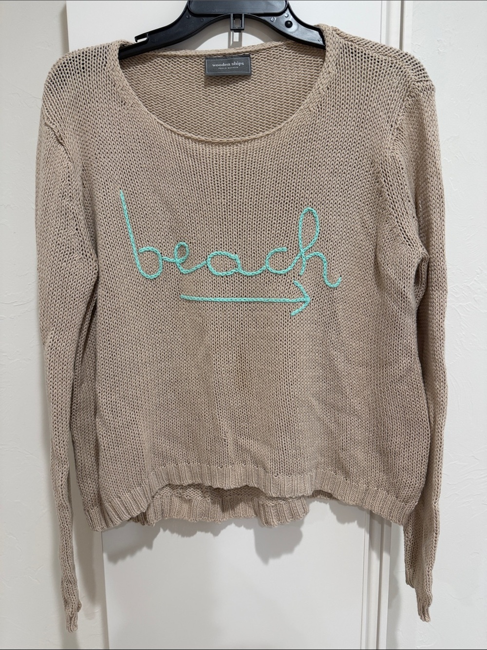 Wooden Ships Beige Scoopneck Sweater with Aqua 'beach' Stitching